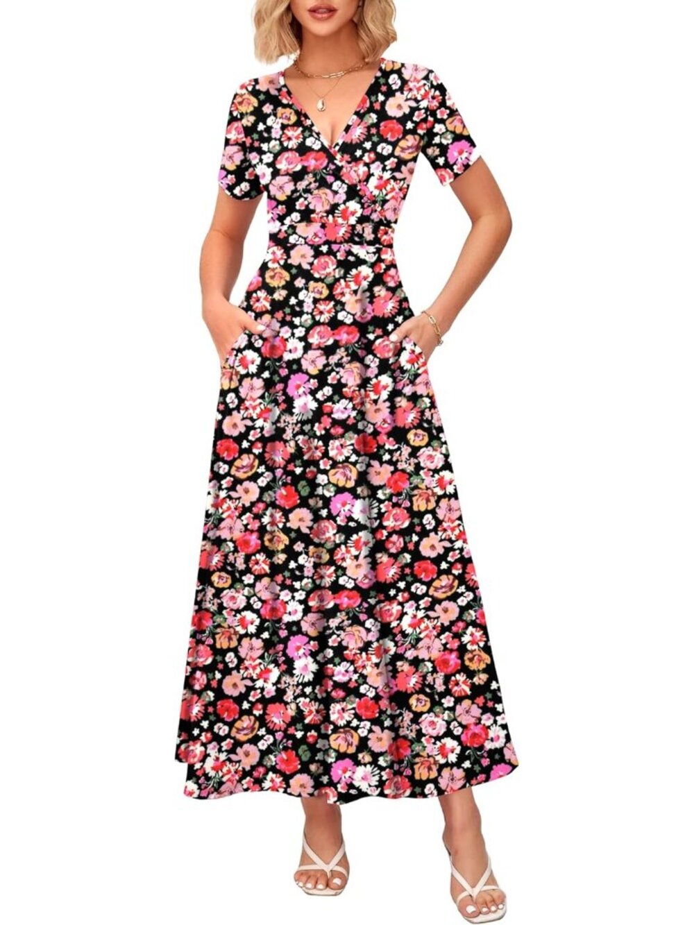 Women's Red Black Summer Maxi Dress Wrap V Neck Elegant Long Dress Short Sleeve